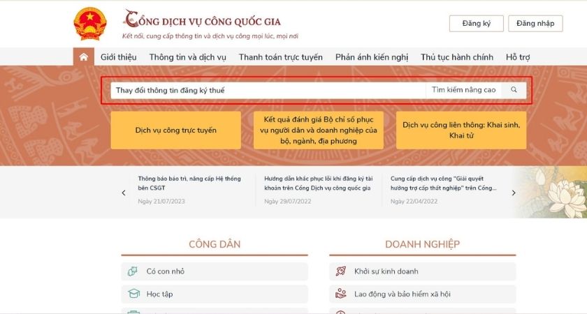 Tìm kiếm thay đổi thông tin đăng ký thuế tại cổng dịch vụ quốc gia