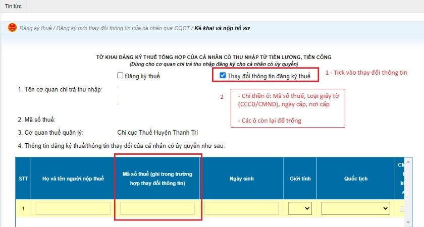 Cập nhật CCCD cho mã số thuế cá nhân