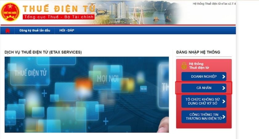 Chọn mục cá nhân trên trang Cổng Thông tin điện tử của Tổng cục Thuế