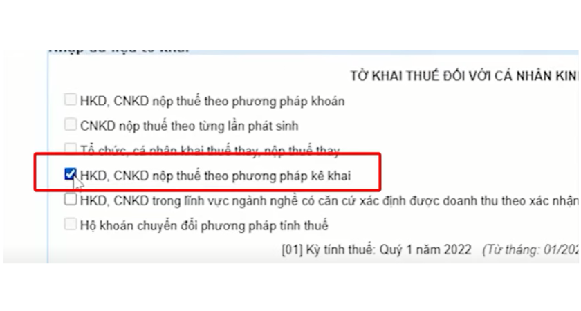 Lựa chọn “HKD, CNKD nộp thuế theo phương pháp kê khai”